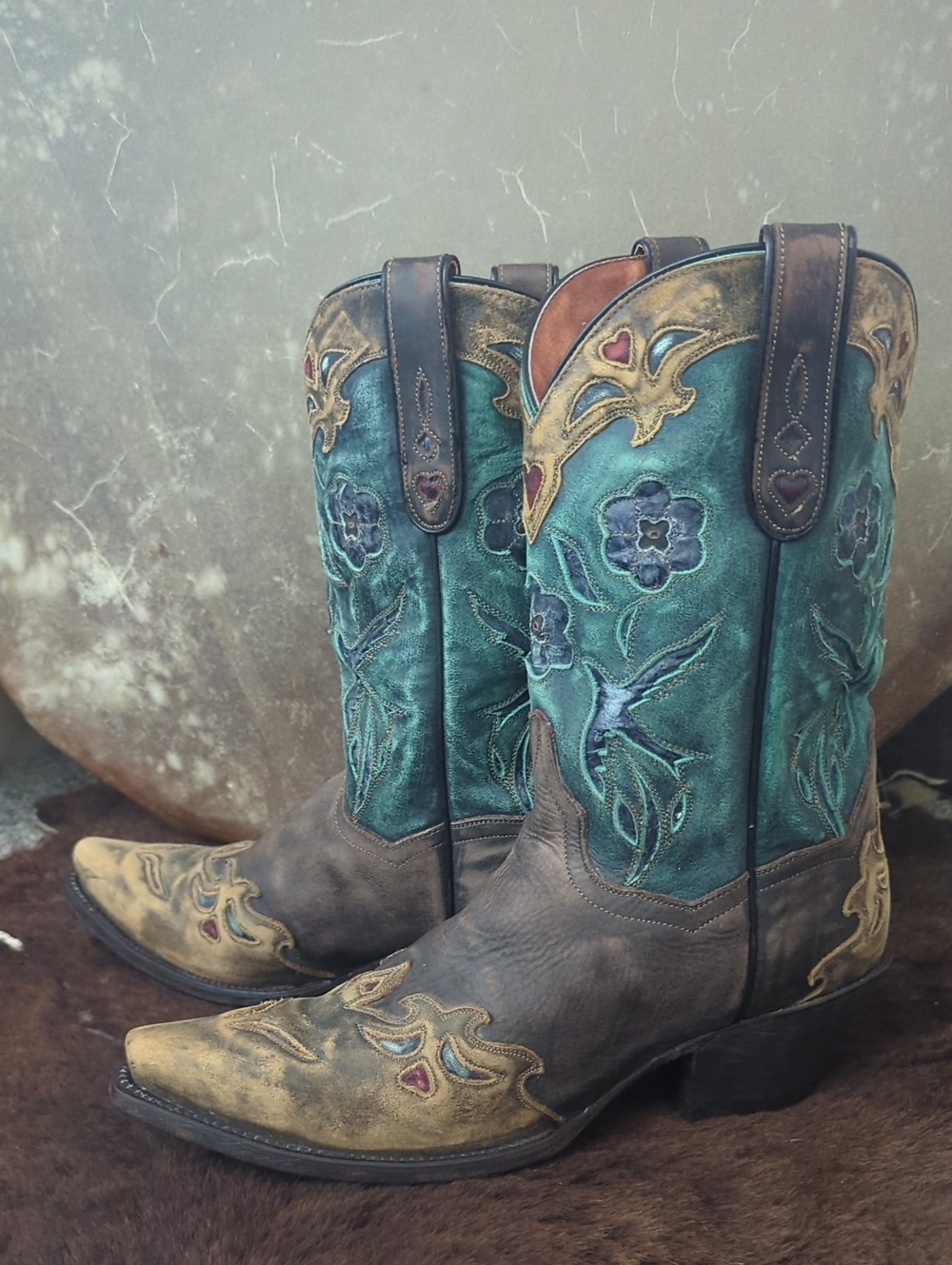 DAN POST distressed Vintage Bluebird cowgirl boots snip toe sz9.5 style #DP3544
